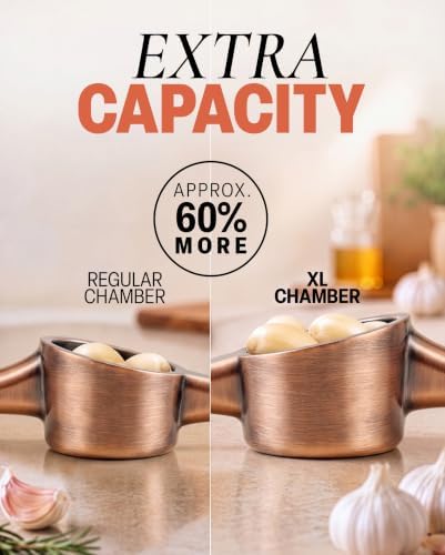 Zulay Kitchen Large Premium Garlic Press Set - Bigger Bowl for Bigger Garlic - Rust Proof Garlic Mincer Tool - Easy-Squeeze, Easy-Clean Silicone Garlic Peeler & Brush (Copper)