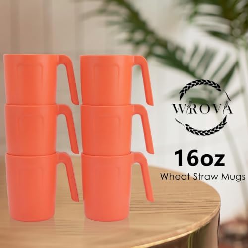 Wrova 16oz Wheat Straw Cups with handles set of 6-Plastic Cups Reusable-Unbreakable Kids Mugs-Dishwasher Safe & Microwave Safe-Ideal Plastic Mugs for Tea,Coffee,Camping,RV-Orange