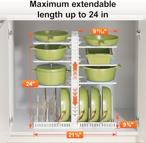 LAMU Pots and Pans Organizer under Cabinet, Pan Pot Organizers inside Cabinet with 6 Shelves and Pot Lid Organizer, Adjustable Height Up to 24", Holds up to 12 Pans, Lightweight Pots, White
