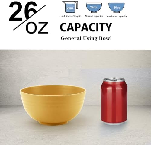 Wheat Straw Bowl Set of 8, Unbreakable Cereal Bowls 26 OZ,Freezer and Dishwasher Safe Bowl Sets,Breakfast Bowls suitable for cereal,salad,snack and soup (Yellow)