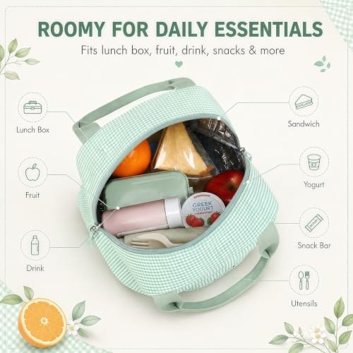 Bluboon Lunch Box for Women Cute Lunch Bag Reusable Insulated Lunch Bags Large Capacity Lunchbox Cooler for Work Picnic or Travel Gifts (Green White checker, 10 x 7.5 x 8 inches)