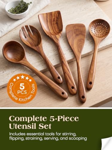AIUHI Wood Utensils Set for Cooking, Teak Wooden Utensils Set Wood Spatula for Nonstick Cookware Kitchen Utensils Set 5