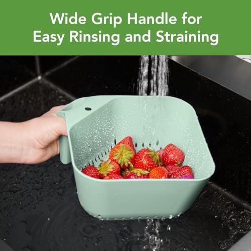 Tovolo Elements Square Colander with Handle Strainer Basket for Pasta Fruit Berries Veggies, Easy to Clean BPA Free Heat Resistant Plastic Colander with Spout 3 Quart Kitchen Strainer, Mint Green