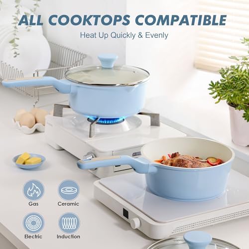 SENSARTE Ceramic Nonstick Saucepan with Lid 1.5 QT, PTFE/PFAS Free, Blue