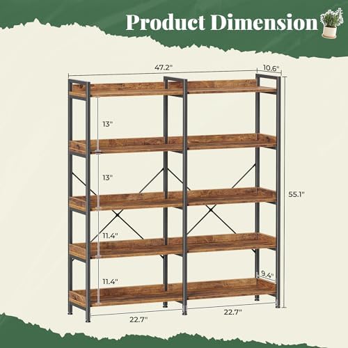 Huuger 5 Tier Bookshelf with 10 Open Shelves and Raised Baffle, Rustic Brown
