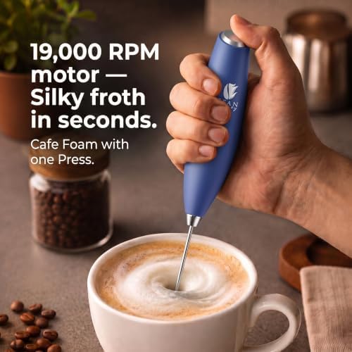 Bean Envy Milk Frother Handheld - Coffee Mixer Wand with Stand - Blue