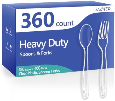 SACATR 360 Count Clear Plastic Silverware Heavy Duty -180 Forks, 180 Spoons