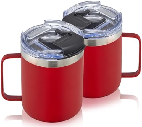 12oz Insulated Travel Coffee Mug with Handle, Red, 2 Pack