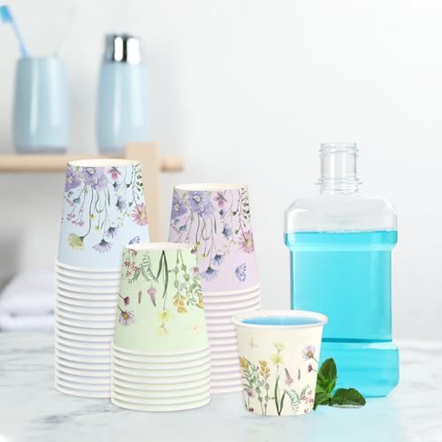 RUSPEPA 5oz Disposable Paper Cups, Bathroom Cups Small Mouthwash, 100 Pack Set Wild Flower Design, Perfect for Hot/Cold Beverage Coffee, Dessert for Birthday Parties, Home-use, Picnic, BBQ, Travel