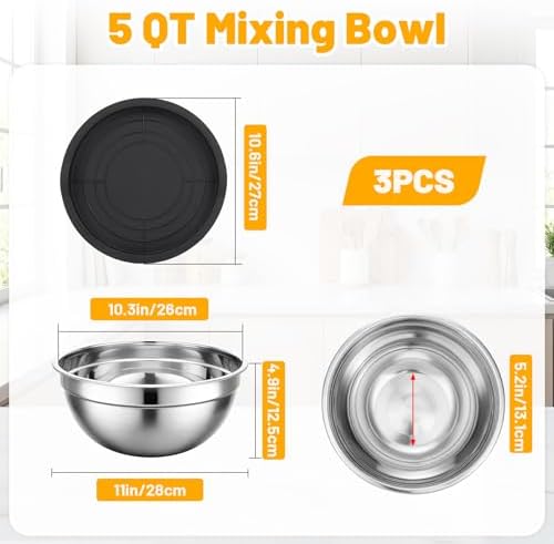 Beasea Stainless Steel Mixing Bowl Set of 3, 5 QT Large Stackable Mixing Bowls with Lids Set, Metal Nesting Bowl with Lid for Baking, Prepping, Salad, Serving, Kitchen Food Storing