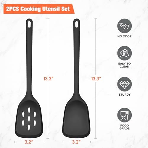 Silicone Spatula Set of 2 Pack, Heat Resistant Solid&Slotted Turner (BLACK)