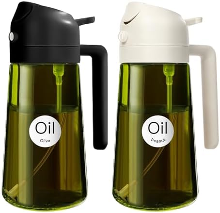 YARRAMATE 16oz/470ml 2PCS Light Blockage Dark Oil Sprayer for Cooking, 2 in 1 Olive Oil Dispenser Bottle for Kitchen, Green Glass Oil Bottle, Food-Grade Oil Mister for Air Fryer, BBQ (Black & White)
