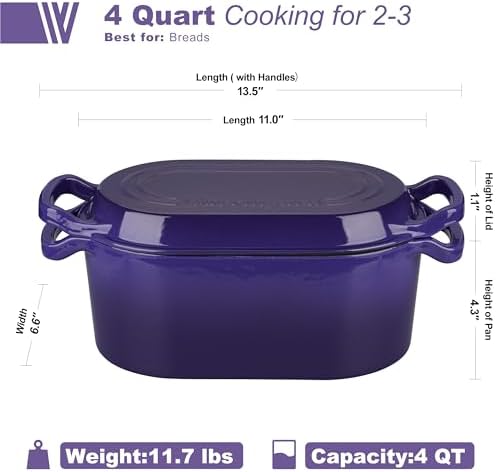 VORRINGARD Oval Dutch Oven Pot with Lid, Enamel Coating Cast Iron Bread Pans for Homemade Sourdough Bread Baking, Cooking, 4 Quart, Purple