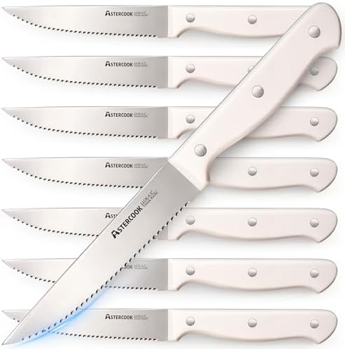 Astercook Steak Knives Set of 8, High Carbon Stainless Steel Steak Knife Set with Full Tang Handle, Dishwasher Safe Serrated Knife, Elegant Cream White