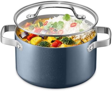 Bakken 5 Quart Ceramic Coated Stock Pot with Lid, Easy to Clean Nonstick Pot, Tempered Glass Lid, Riveted Stainless Steel Handles, Oven Safe Up To 500°F, PTFE & PFAS Free, All Stove Compatible, Blue
