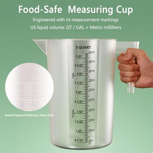 1 Gallon / 5 Quart / 5000 ml Large Plastic Measuring Pitcher with Handle, Clear Heavy Duty Mixing Pitcher with mL/QT/GAL Markings for Garden, Pool Chemicals, Motor Oil & Kitchen