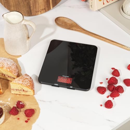 Salter 1150 BKDR Digital Kitchen Scales, Stylish Glass Design, Cooking Scale for Home/Kitchen, Measures Liquids & Fluids, Metric/Imperial, Add & Weigh Function, Red Easy Read Display, Black
