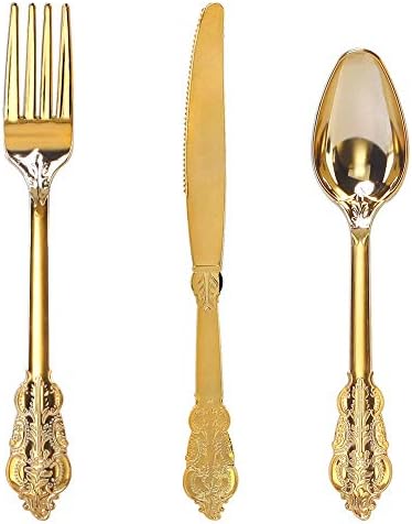 WDF 300 Pieces Gold Plastic Silverware Disposable - Heavy Duty Plastic Cutlery - Gold Silverware Sets Includes 100 Forks, 100 Spoons, 100 Knives for Baby Shower/Wedding/Birthday/Party