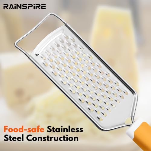 Rainspire Professional Cheese Graters for Kitchen Stainless Steel Handheld, Metal Lemon Zester Grater With Handle For Cheese, Chocolate, Spices, Kitchen Gadgets Tools, Soft Grip Handle (Orange)