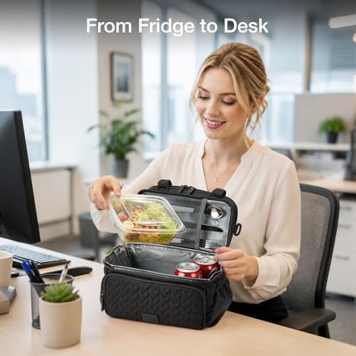 Double Deck Lunch Bag for Women, Black-M