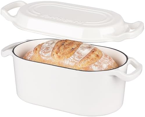 VORRINGARD Oval Dutch Oven Pot with Lid, Enamel Coating Cast Iron Bread Pans for Homemade Sourdough Bread Baking, Cooking, 4 Quart, White