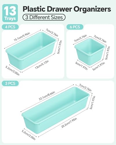Canfanni 13 Pack Plastic Drawer Organizers Set, 3 Sizes Desk Drawer Organizer Trays for Vanity and Makeup Organizer, Organization and Storage for Makeup, Kitchen Utensils, Bathroom and Office(Blue)