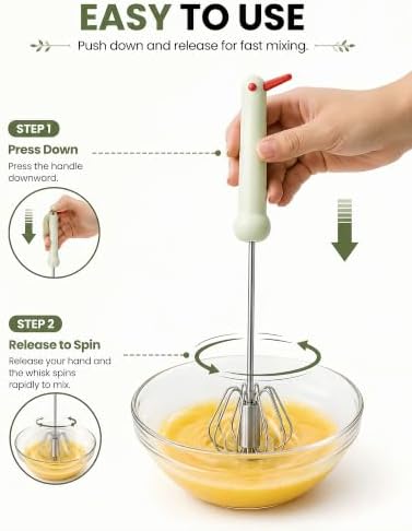 2 PC Semi-Automatic Stainless Steel Egg Beater, Hand Push Rotary Whisk
