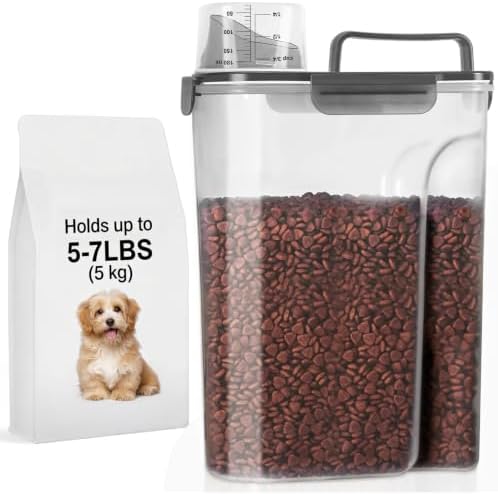 LEAWALK 5-7Lbs Dog Cat Food Storage Container with Upgraded Large Nozzle BPA-free, 4 Snap Seals Plastic Pet Food Storage Containers with Handles (Clear Black, 5L-1pack)
