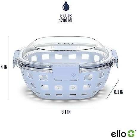 Ello DuraGlass Food Storage Glass Lunch Bowl Container - Meal Prep Container with Silicone Sleeve and Airtight Lid, 5 Cup, Blue