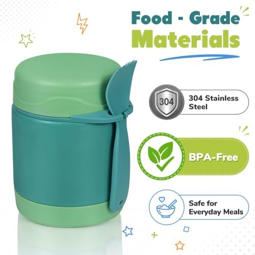 10oz Soup Thermo for Hot Food Kids,Lunch Thermo Kids Food Jar with Spoon Hot Insulated Food Containers,Leak Proof Stainless Steel Wide Mouth Lunch Thermo Jar for School(Green)