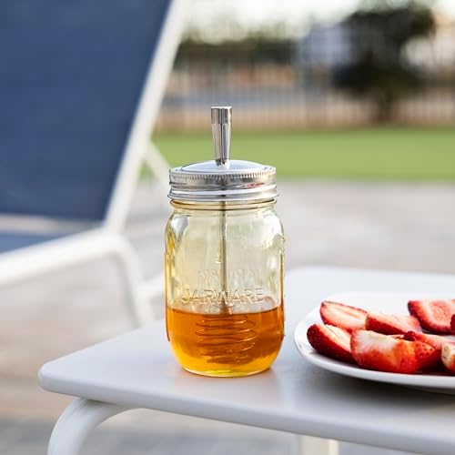 Jarware Glass Mason Jar & Honey Dipper Lid, Stainless Steel Honey Wand Set