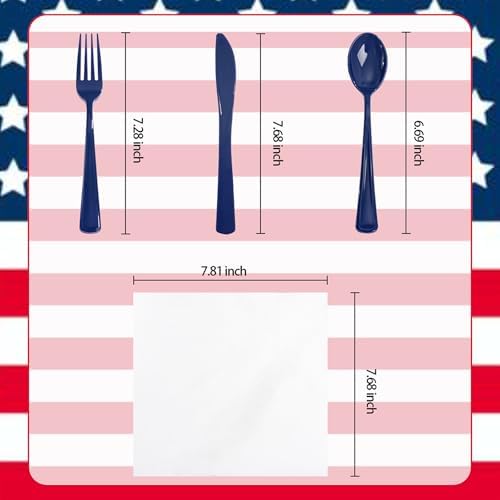 Liacere 100Pack Pre Rolled Blue Silverware and Napkin-Disposable Blue Plastic Utensils-Plastic Cutlery Set with Napkin:100 Forks,100 Knives,100 Spoons,100 Napkins for Wedding&Party&Independence Day