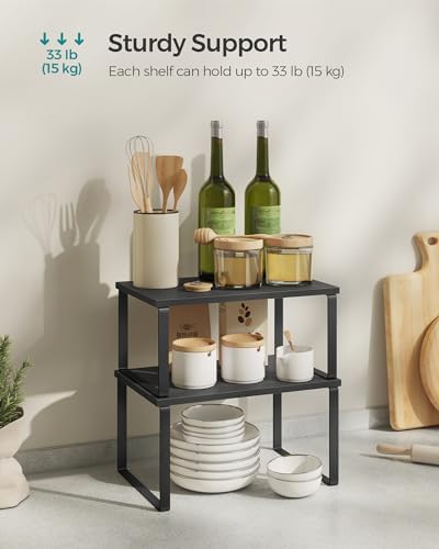 SONGMICS Cabinet Organizer Shelf, Set of 2 Kitchen Counter Shelves, Kitchen Storage, Spice Rack, Stackable, Expandable, Metal and Engineered Wood, Ink Black and Charcoal Black UKCS02B01 (Pack of 2)