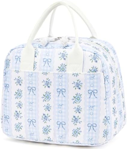 LOVELYWIND Lunch Box for Women, Insulated Lunch Bag, Blue Floral Tote