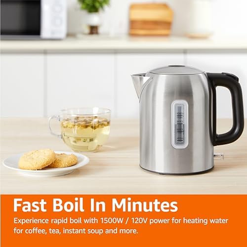 Amazon Basics Electric Kettle, Tea Kettle & Water Boiler with Auto Shut-Off, Boil Dry Protection, Strix Thermostat, BPA-Free, 1500W, 1.1Qt (1L), Stainless Steel, New Model, Black & Silver