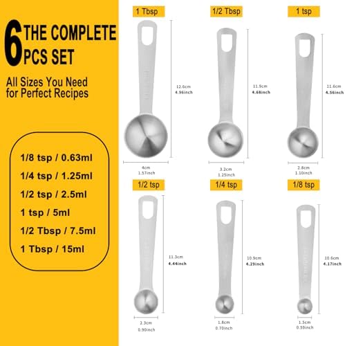 Stainless Steel Measuring Spoons Set, 6 Piece Metal Measuring Spoon Set for Dry & Liquid Ingredients, Heavy Duty 18/8 Steel with Engraved US & Metric Marks, Nesting Kitchen Spoons for Cooking Baking