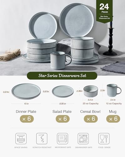 Famiware Star Dinnerware Sets with Mugs, Ceramic Plates and Bowls Set for 6