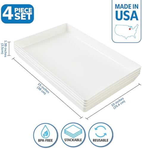 US Acrylic White Plastic Serving Trays (Set of 4) 15” x 10” | Large Unbreakable Reusable Rectangular Party Platters | Serve Appetizers, Fruit, Veggies, & Desserts | BPA-Free & Made in USA