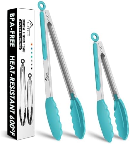 HOTEC Premium Stainless Steel Locking Kitchen Tongs with Silicon Tips, Set of 2-9" and 12", Blue