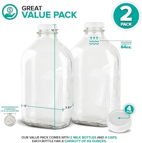 Stock Your Home 64-Oz Glass Milk Jugs with Caps (2 Pack) - 64 Ounce Food Grade Glass Bottles - Dishwasher Safe - Bottles for Milk, Buttermilk, Honey, Tomato Sauce, Jam, Barbecue Sauce