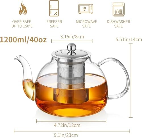 DOPUDO 24 Pack 40OZ (1200ML) Glass Teapot with Infuser Stovetop Safe, Clear Glass Tea Pot Kettle, Borosilicate Tea Pot with Infusers Filter for Loose Tea, Tea Kettle Dishwasher Safe