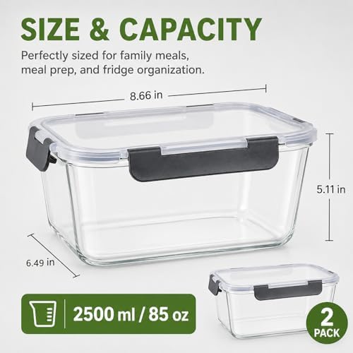 2 Pack Large Glass Food Storage Containers with Lids 85oz/10.5cup Big Airtight Storage Containers for Rotisserie Chicken Meal Prep Leftovers, BPA Free & Leak Proof, Microwave, Oven Safe (gray)