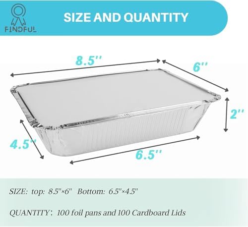 Findful Aluminum Pans with Lids (100-Pack, 8.5"×6") 2.25 LB Capacity Foil Food Containers with Lids - Disposable Tin Foil Pans - for Baking, Meal Prep and Freezer, Takeout (100)