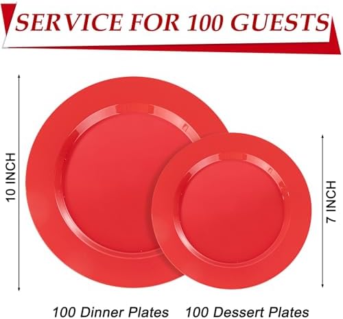 FLOWERCAT 200PCS Red Plastic Plates Disposable Plates for Party - Heavy Duty Plastic Plates - 10" &7" Plate for 100 Guests Parties and Events &July 4th