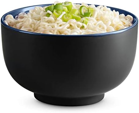 KooK Ramen Bowl, Japanese Bowls, Noodle Bowls, Large Soup Bowl, Ceramic, Large Capacity, For Ramen, Pho, Udon, Soba, Microwave and Dishwasher Safe, 34 oz, Set of 4 (Black/Navy)