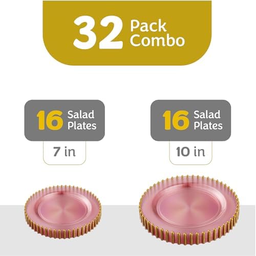 PLASTICPRO 32 Piece Combo Plastic Dinner Plates Disposable Plastic Fancy Heavy Duty Party Dishes 7 inch and 10 inch, Translucent Pink and Gold Beaded