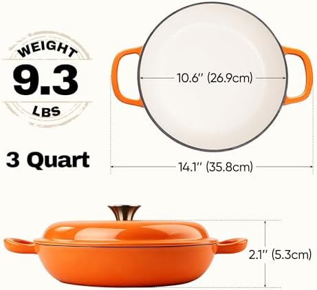 3 Quart Enameled Cast Iron Braiser, Non Stick Enameled Cast Iron Skillet with Lid, Dutch Oven Skillet with lid up to 500°F for Oven, Stove, Grill, Shallow Dutch Oven for Cook, Bake (Orange)