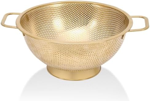 Gold Strainer for Kitchen, 3QT, Stainless Steel Colander with Handle for Fruits Vegetables Cooking Food, Dishwasher Safe