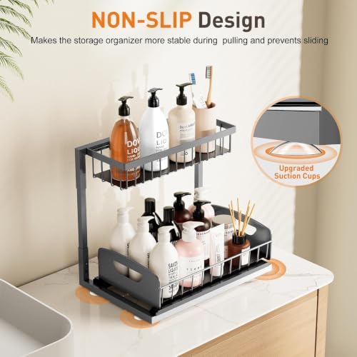Under Kitchen Sink Organizer, Metal Pull Out Bathroom Organizers and Storage, 2-Tier Cabinet Organizer Shelf with Sliding Drawer, Home Organization for Kitchen, Laundry, Pantry, Dark Grey, 2 pack
