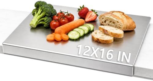 Kant Stainless Steel Cutting Board with Lip, Steel Cutting Boards for Kitchen Non-Toxic Dishwasher Safe Chopping & Kneading Board for Dough Meat/Vegetable/Fruit/Bread/Baking Gift-Ready(1PC-12X16 IN)